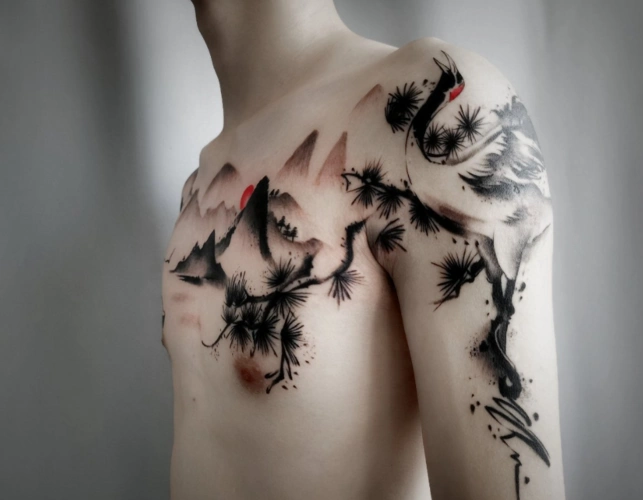 中国风山水水墨纹身设计水墨风花胸纹身设计男