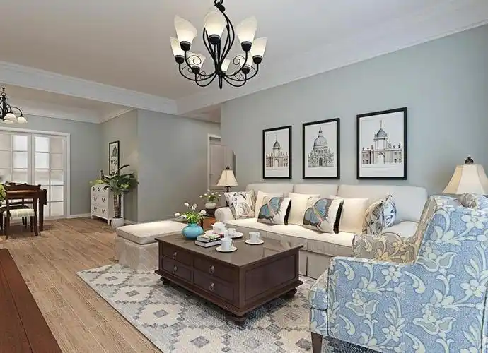 混搭蓝色三居室客厅背景墙设计简美风格装修效果图