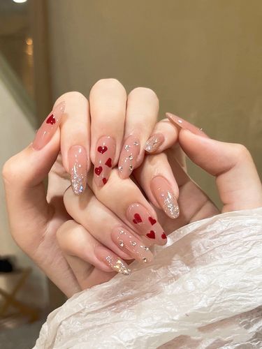 手工甲片爱心穿戴甲冰透裸粉色美甲成品尖圆杏仁形假指甲成品贴片