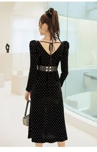 秋冬时尚高腰气质烫钻丝绒长袖波点黑色包臀中长裙连衣裙女 66218