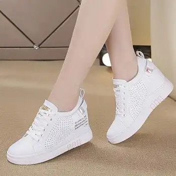 网眼旅游鞋内增高小白鞋女韩版百搭休闲鞋运动鞋透气女鞋白色冲孔34