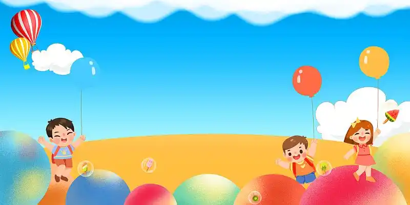 蓝色黄色卡通彩色球儿童热气球云朵六一儿童节展板背景61六一儿童节