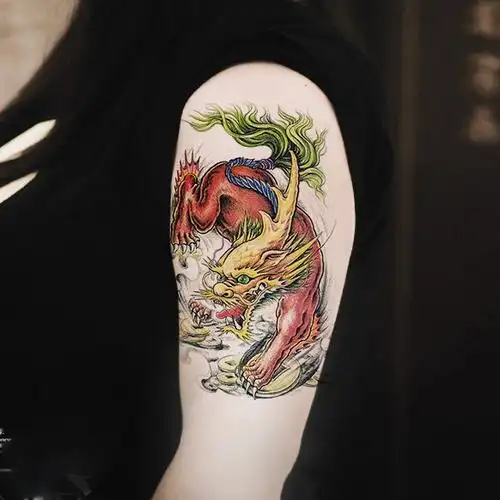 纹身贴洗不掉彩色招财麒麟貔貅穷奇纹身贴防水男 花臂半臂手臂仿真