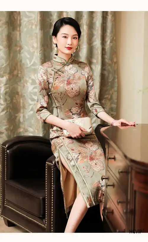 汇承(hcvip)高端真丝春季旗袍长袖中国风年轻款气质优雅七分袖长款