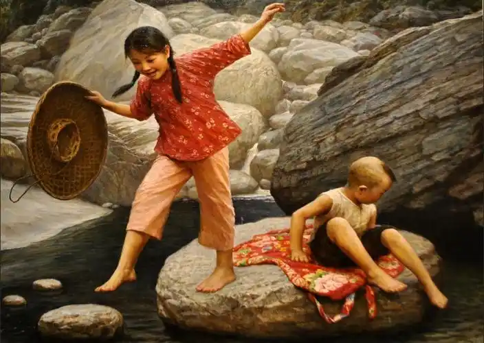 农村田园风光民俗风情油画农家水牛孩子饭店餐馆客栈现代装饰画