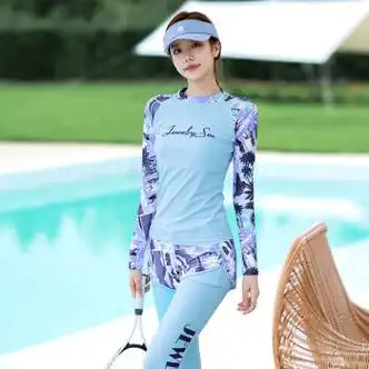 品莠女士泳衣防晒长袖长裤保守三亚蓝色长袖长裤游泳衣女款潜水服冲浪