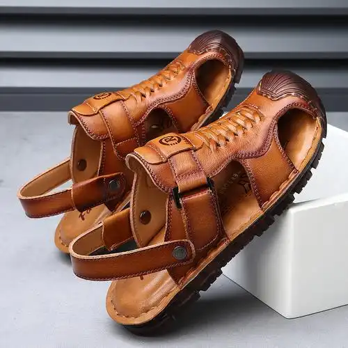 头层牛皮凉鞋男士包头夏季外穿休闲沙滩鞋男款防滑软底镂空男拖鞋