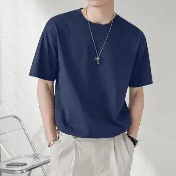 男士圆领t恤色打底衫短袖重磅宽松夏季五分袖上衣ck深蓝色m