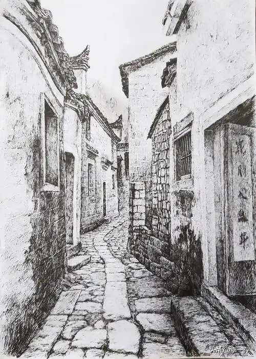 钢笔画"古镇""