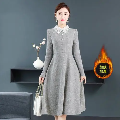 贵夫人毛呢连衣裙子秋冬新款女装中长款加绒加厚气质打底妈妈冬裙
