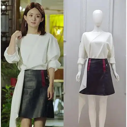 我的倾城时光林k浅赵丽颖同款衣服套v装女飘带白色衬衫pu