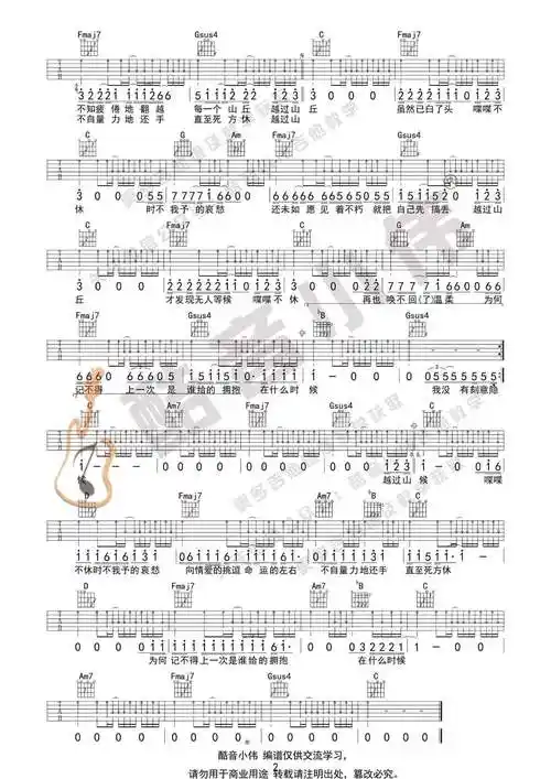 李宗盛《山丘》吉他谱-c调简单版六线谱-吉他弹唱视频1