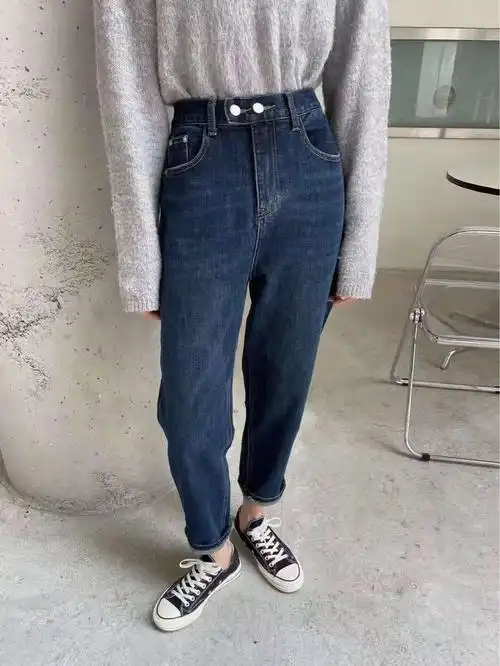 2021秋冬季新款女装韩版黑色米白色抓绒弹力牛仔裤女