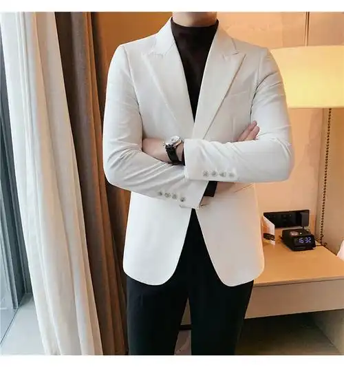 西服男外套冬季休闲英伦风修身潮流痞帅气商务正装上衣白色白色m