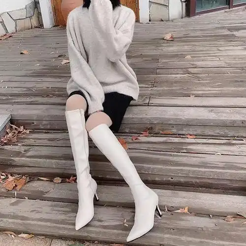 2020春秋新款泫雅风白色尖头细跟长筒靴高跟不过膝瘦瘦高筒骑士靴