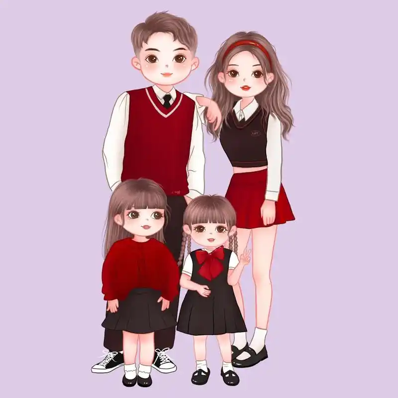 亲子头像/全家福/一家四口手绘/幸福一家人 一家四口,两女儿头像,红色