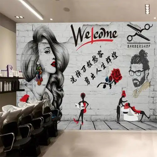 工装个性墙纸美容美发壁画美甲形象背景墙壁纸理发店发廊壁纸