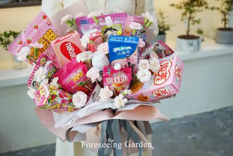 客订|粉色系零食花束愿有人能把所有宠溺,偏爱,例外都给你|江门新会