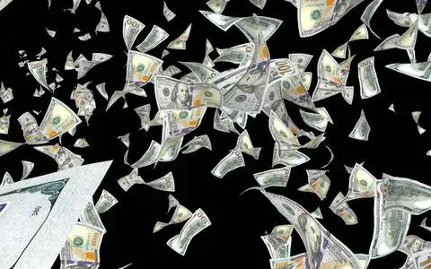 钱在天上飞.100张美国钞票新样品.三维插图照片