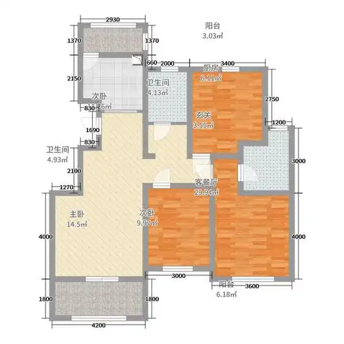 亿嘉江南水岸3室2厅2卫1厨117.00㎡户型图