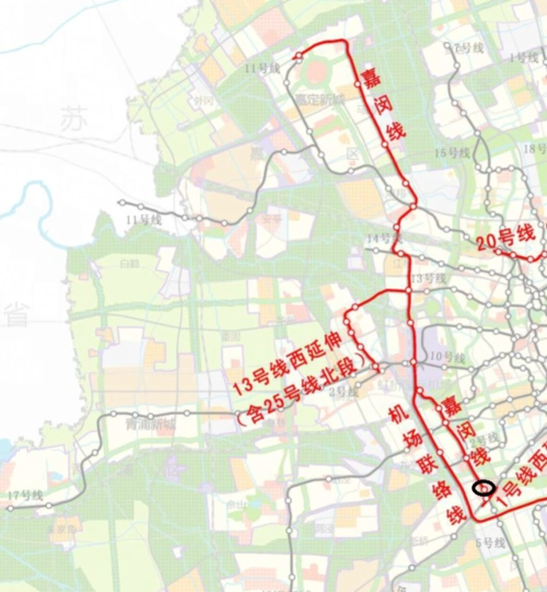 上海轨道交通规划三期地图中的嘉闵线如下所示.