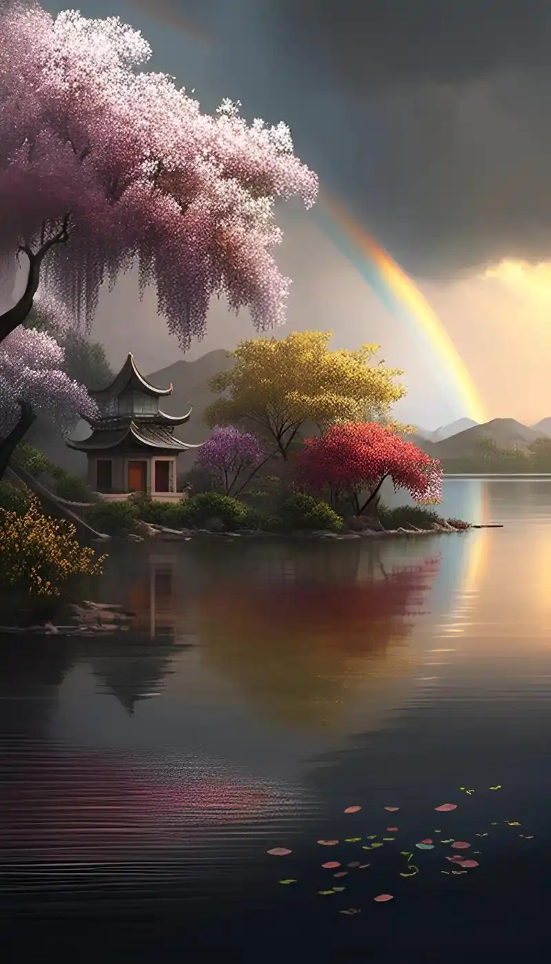 江南桃花雨后彩虹.无烟雨,不江南.一城天晴一城雨,人生若只如 - 抖音