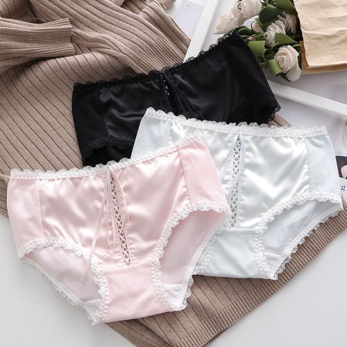 黑色系内裤女纯棉裆少女日系中腰透气蕾丝边女土三角内裤头秋冬季