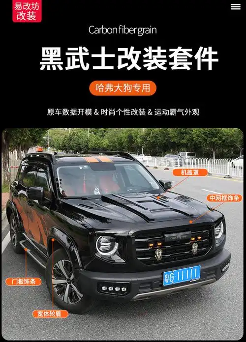 适用于哈弗大狗外观宽体改装黑武士中网前脸轮眉大狗沙石挡机头盖罩