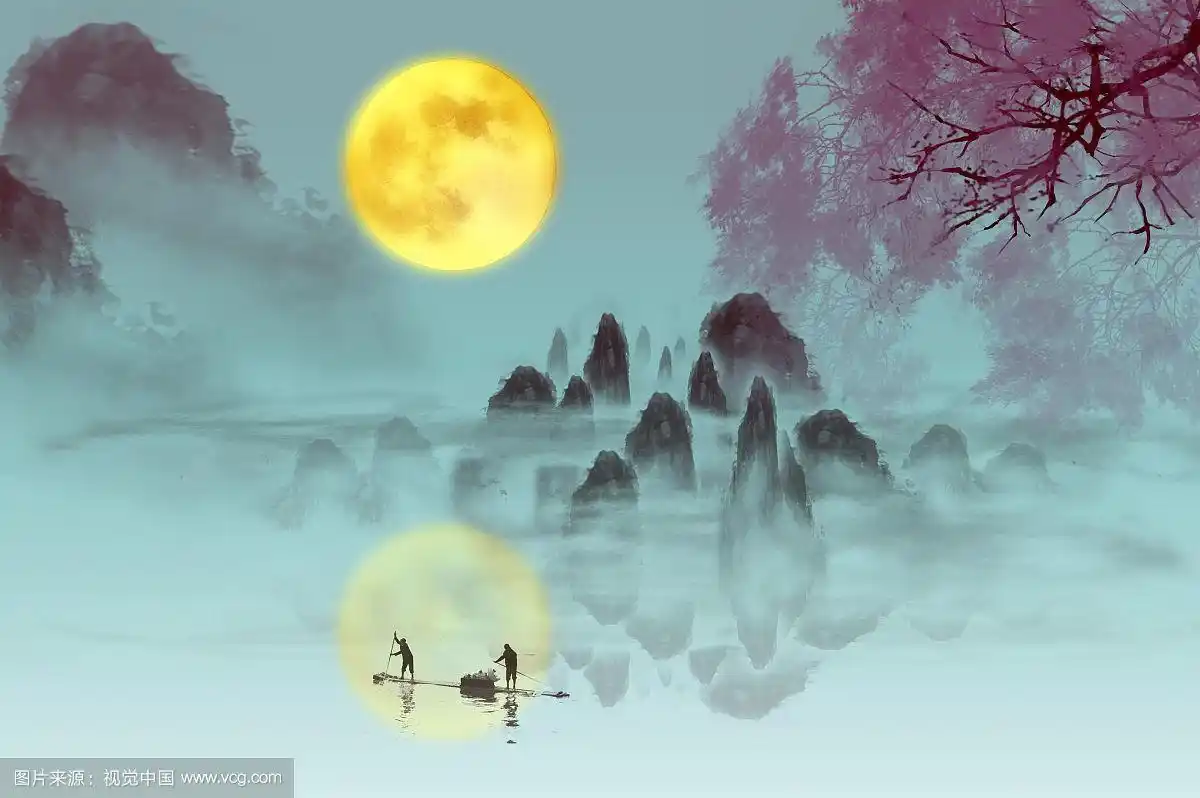 月亮倒影及朦朧美的山水畫