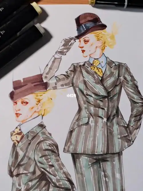 服装马克笔手绘day23穿西装的女孩