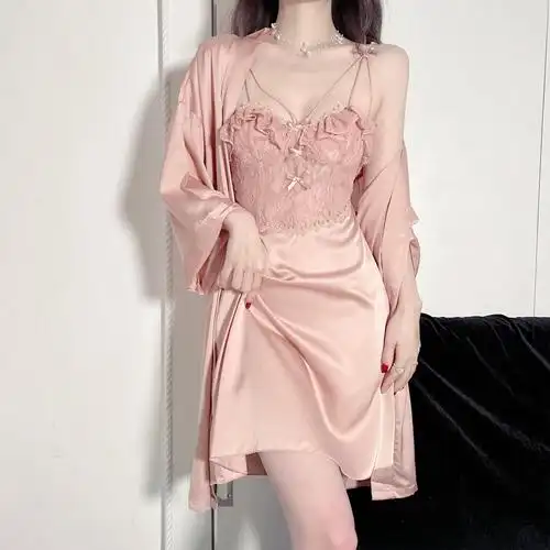 粉色性感睡衣女夏季冰丝夏季薄款仿真丝睡裙蕾丝吊带裙胸垫家居服