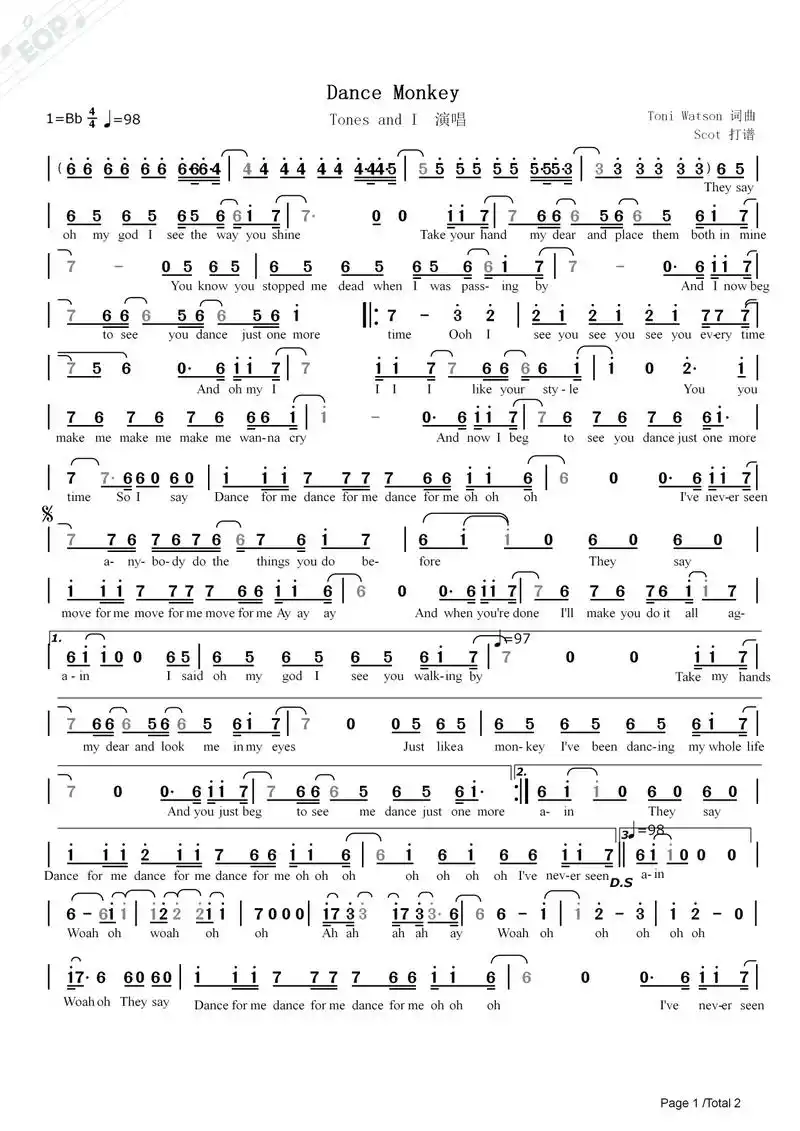 「bb调版」dance monkey - tones and i 演唱——动态简谱