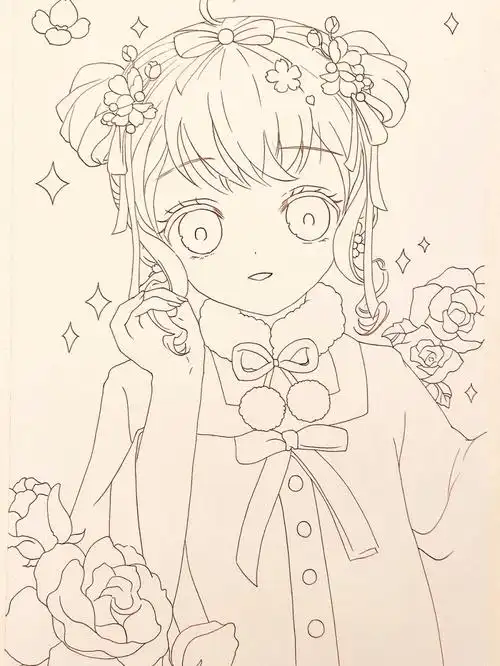 手绘线稿古风少女附过程