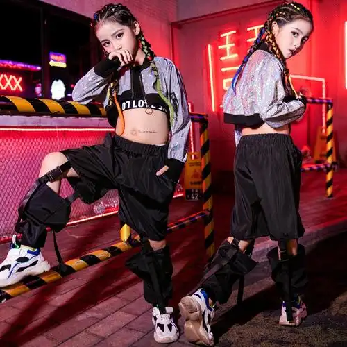 热销露脐装女长袖 爵士舞_女童爵士舞服装儿童嘻哈街舞演出服女孩走秀