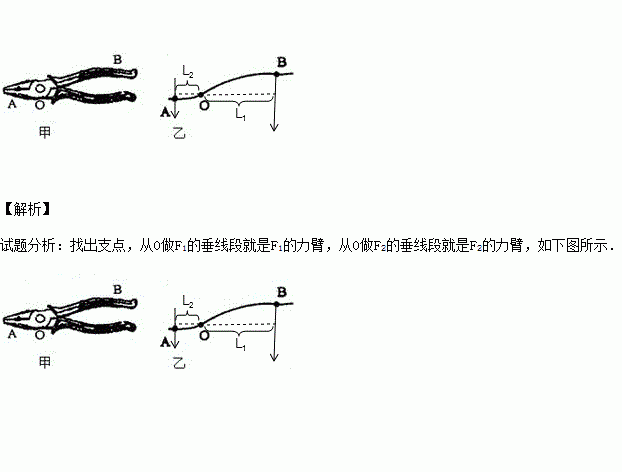 乙为单侧钳柄及相连部分示意图.请在图乙中画出剪钢丝时的动力f1.