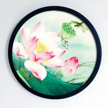 荷花 新中式禅意创意圆形框装饰画花卉工笔墙画挂画有框画客厅画 02