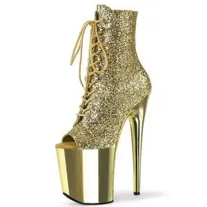 金色烤漆底细跟恨天高漏趾低筒靴20公分超高跟防水台厚底系带短靴