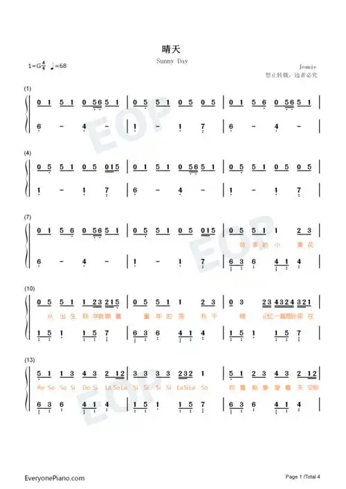 晴天-原调简单版-周杰伦双手简谱预览1