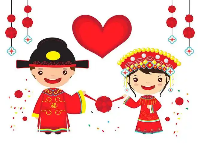 中式婚礼_情侣_中国人_传统_婚礼_服饰_卡通_春节_高清图片_全景视觉