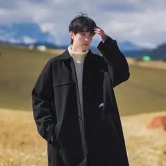 韩善樱中长款毛呢大衣男春秋冬季新款日系少年感外套宽松翻领呢子风衣