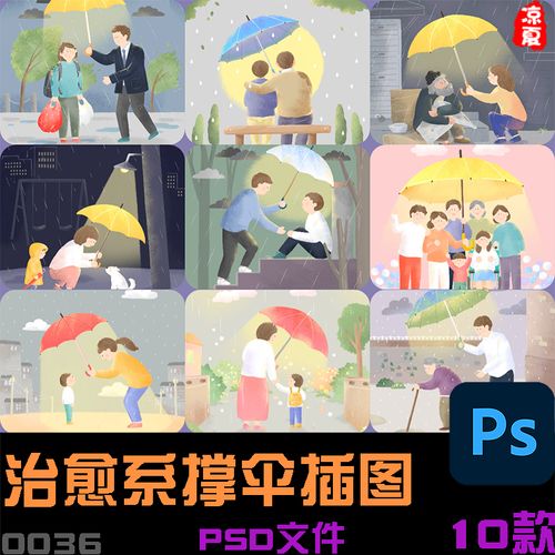 手绘卡通治愈系温暖撑伞的人公益插图漫画海报psd分层设计素材