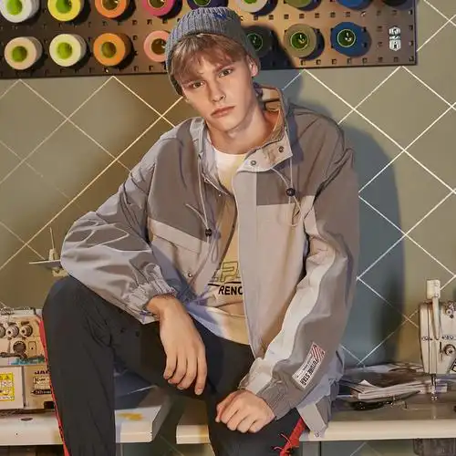 唐狮春秋款男外套立领拼接男士潮牌夹克精神小伙衣服韩版潮流帅气