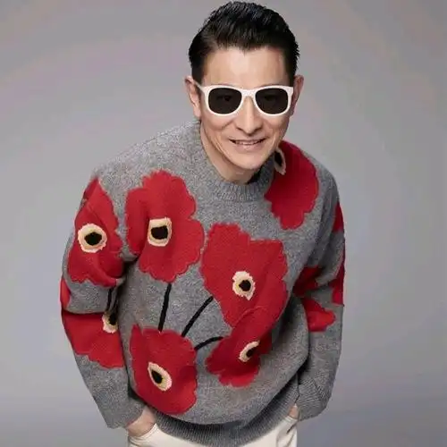 毛衣男天韩版加绒加厚初中生高中生刘德华同款红花刺绣灰色新年毛衣