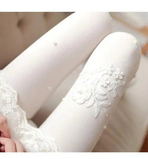 日系印花白色加厚连裤袜秋冬季连脚打底裤袜蕾丝性感丝袜打底袜女