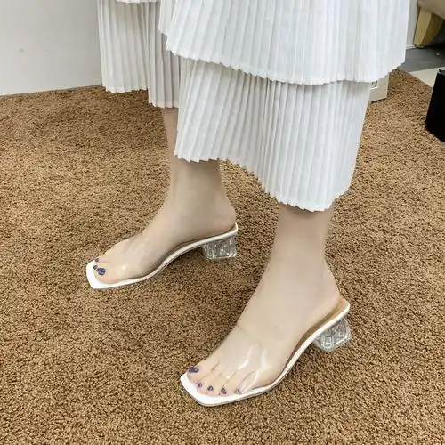 外贸大码透明拖鞋女2021夏新款露趾中跟凉拖鞋女网红时尚外穿