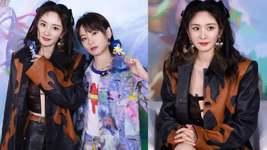 杨幂波浪卷搭配皮衣酷飒十足 与周笔畅合照甜美俏皮