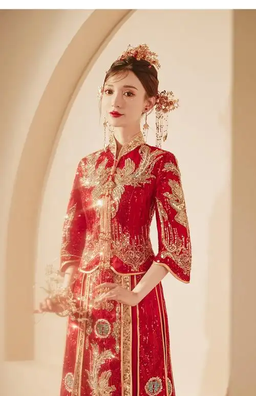 乐学森 中式婚礼新娘服装凤冠霞帔2022年新款女婚纱礼服复古嫁衣秋冬