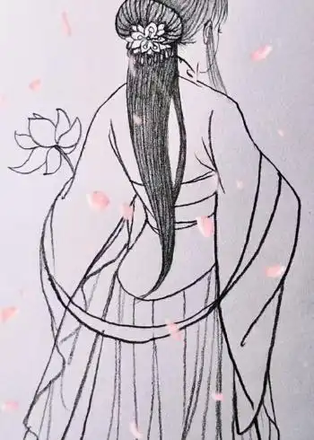 手拿荷花的古风美女侧脸简笔画
