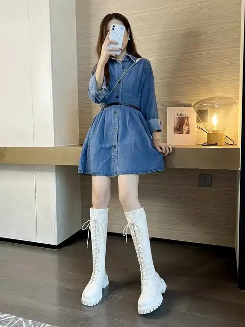 新款厚底瘦瘦绑带马丁靴不过膝高筒皮靴骑士靴长筒靴女2024春秋季