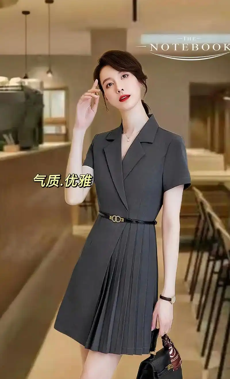 短袖雪纺连衣裙新款女夏季设计感百褶裙职业西装套裙珠宝店工作服